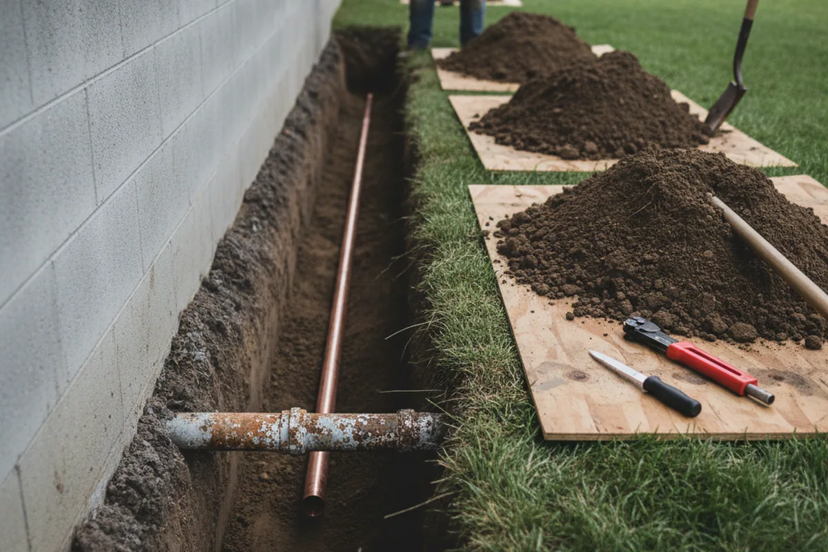 Excavated water line trench during Water Heater Repair in Corsicana